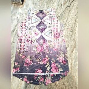 Signature Studio Boho Floral Tribal Tank Top Lace Back L Sleeveless